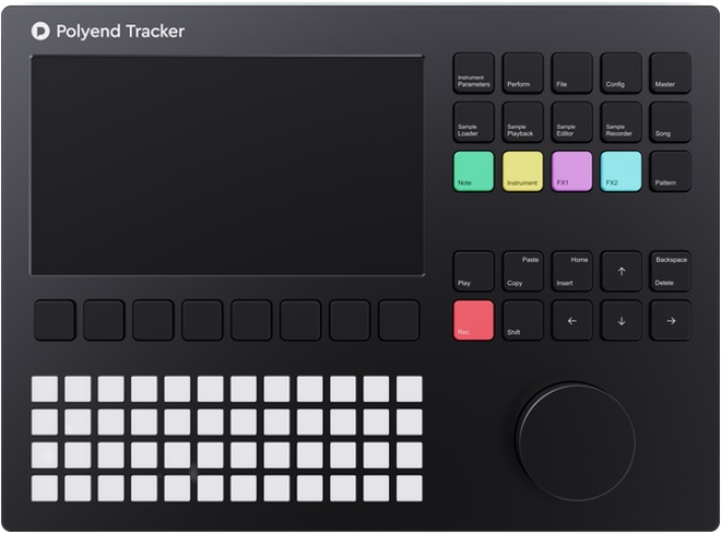 A straight-on photograph of the Polyend Tracker sampling groovebox music device