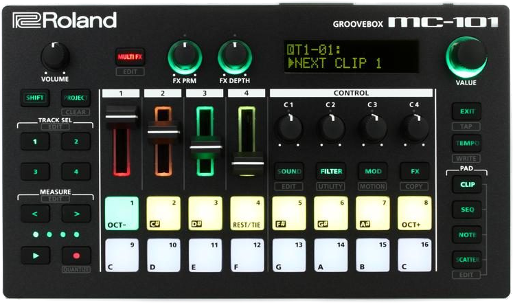 mc-101 A straight-on photograph of the Roland MC-101 groovebox synthesizer music device